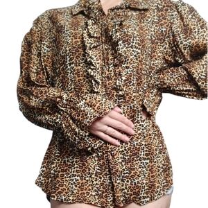 Vintage Cheetah Print Ruffle Blouse Brown Black Size S/M